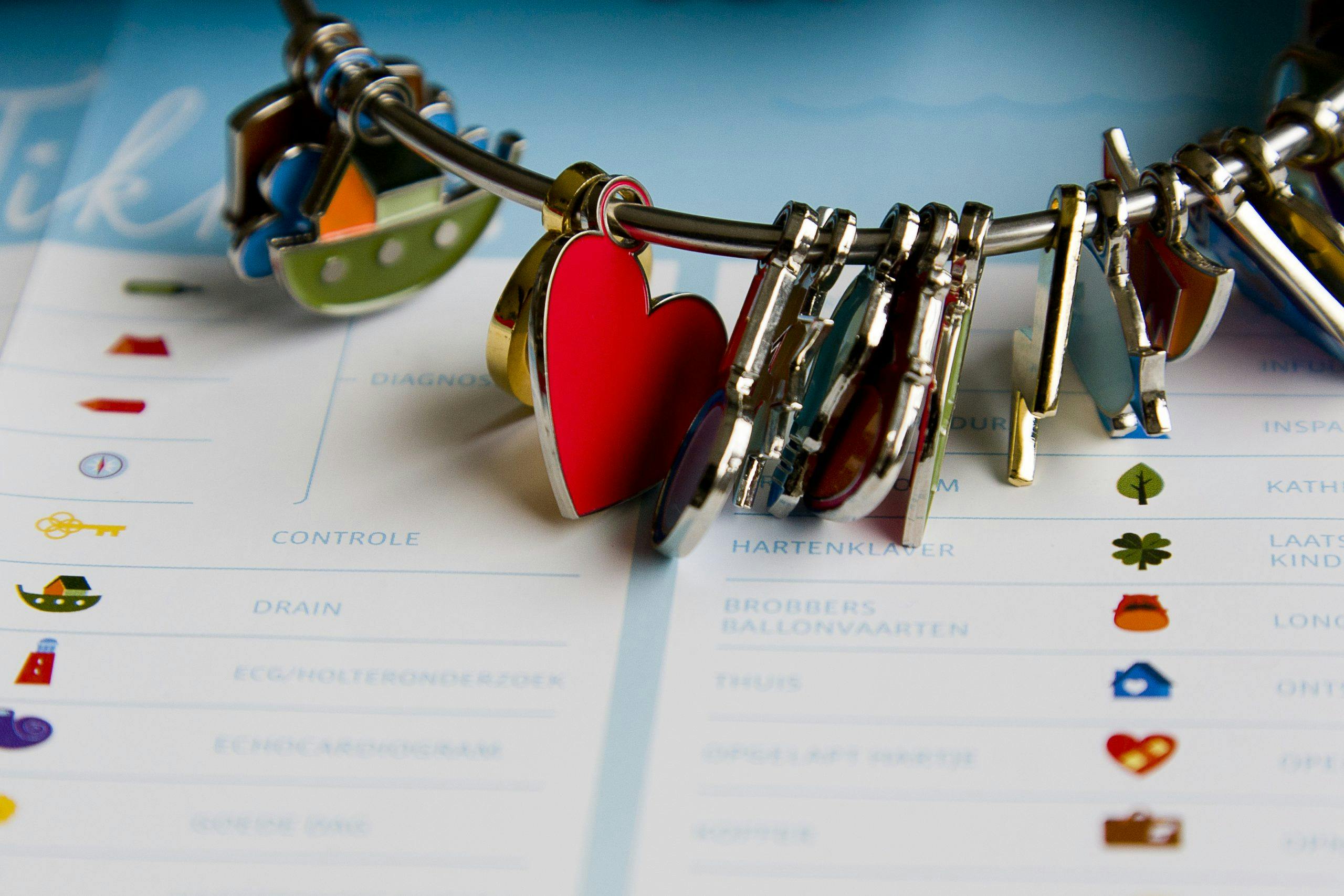 Metalen ring met bedels zoals een hart en boot op een legenda